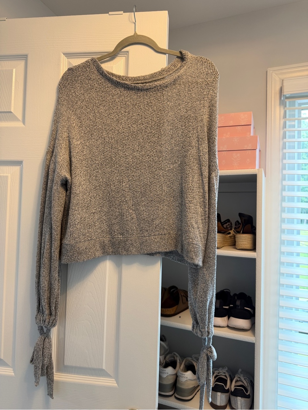 Alya Heather Gray Crewneck Sweater with Tie Cuffs